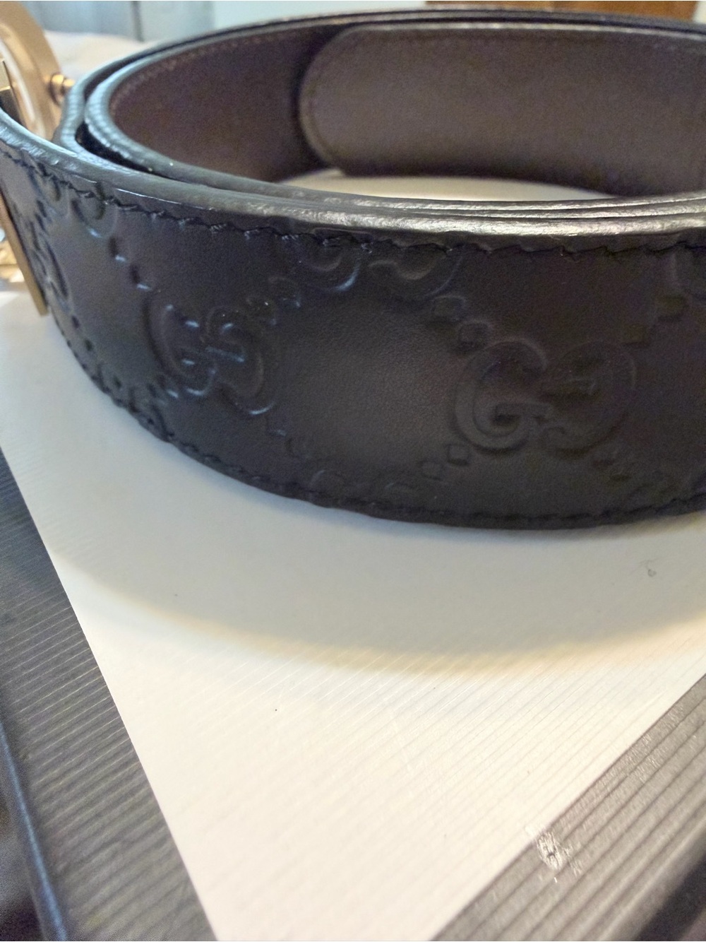 Gucci Brown Leather Belt with Brushed Gold Rectangular Buckle - Picture 3 of 4